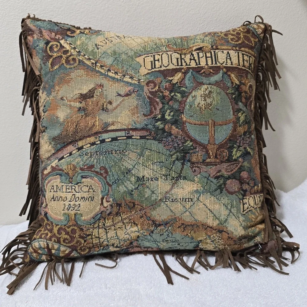 Old Style World Map Americas New World Woven Tapestry Fringe Pillow 13x13.5 READ